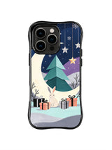Celestial rabbit iPhone 15 Pro case with crescent moon, geometric evergreen and paper stars
