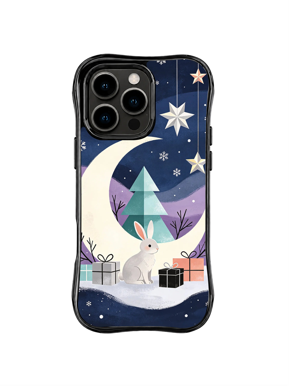 Moon rabbit Christmas iPhone 15 Pro case with lavender sky, crescent, snow and gifts