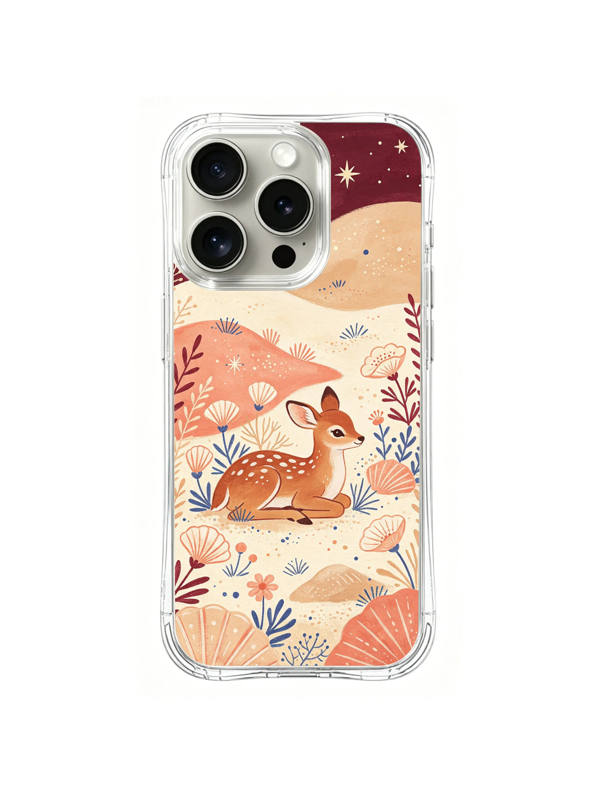Moon Shell Fawn / Coral Dune Dream: A closer fawn facing right among large coral-colored shells beneath a burgundy starry sky band.
