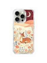 Moon Shell Fawn / Crescent Shell Fawn: A resting spotted fawn among peach shells and blue branching plants beneath dunes and a pale crescent.