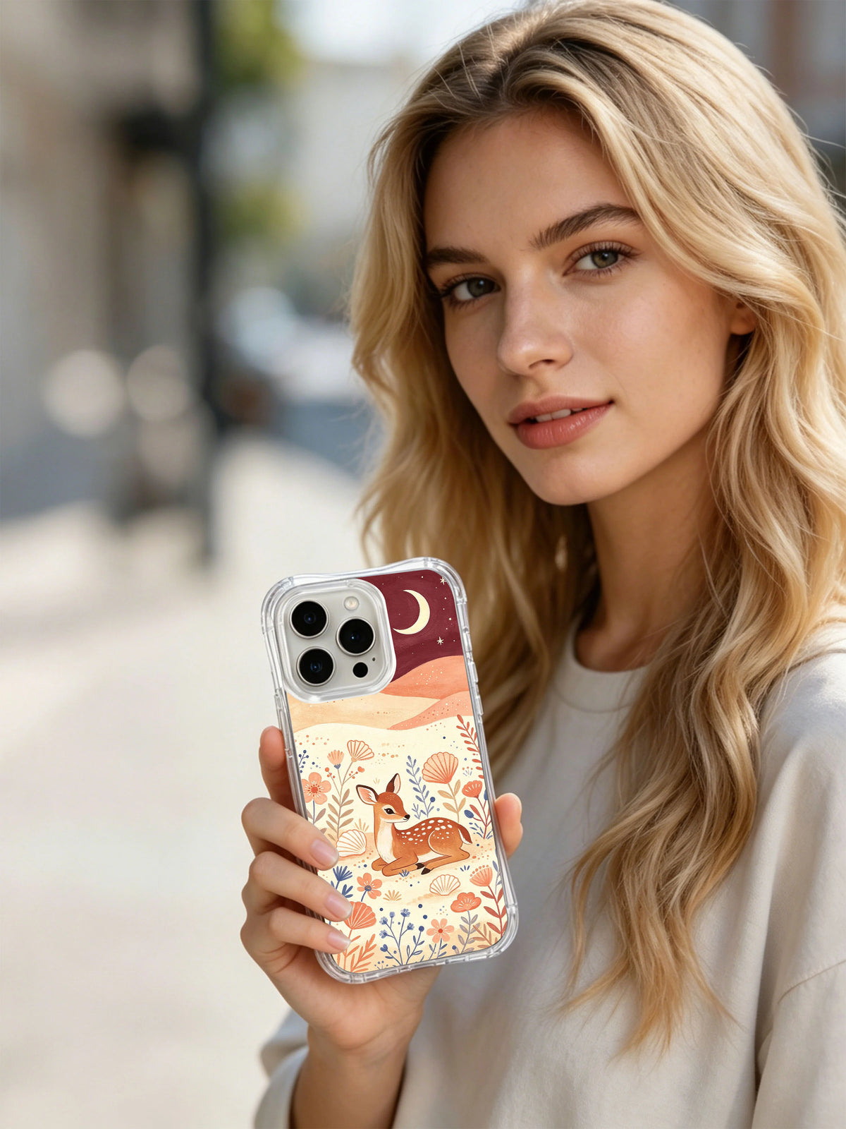 Moon Shell Fawn: A person holding the illustrated case outdoors.