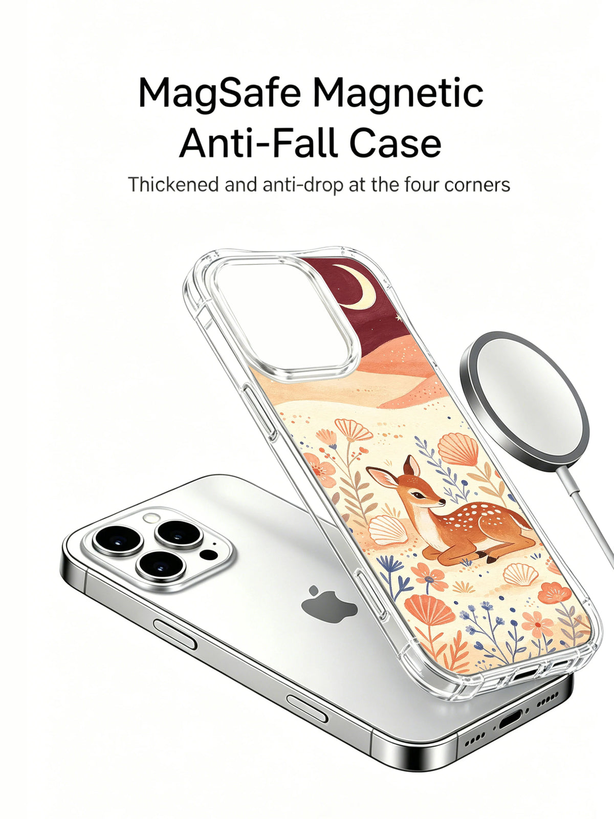 Moon Shell Fawn: Illustrated case shown separately above a phone, beside a circular charging puck.