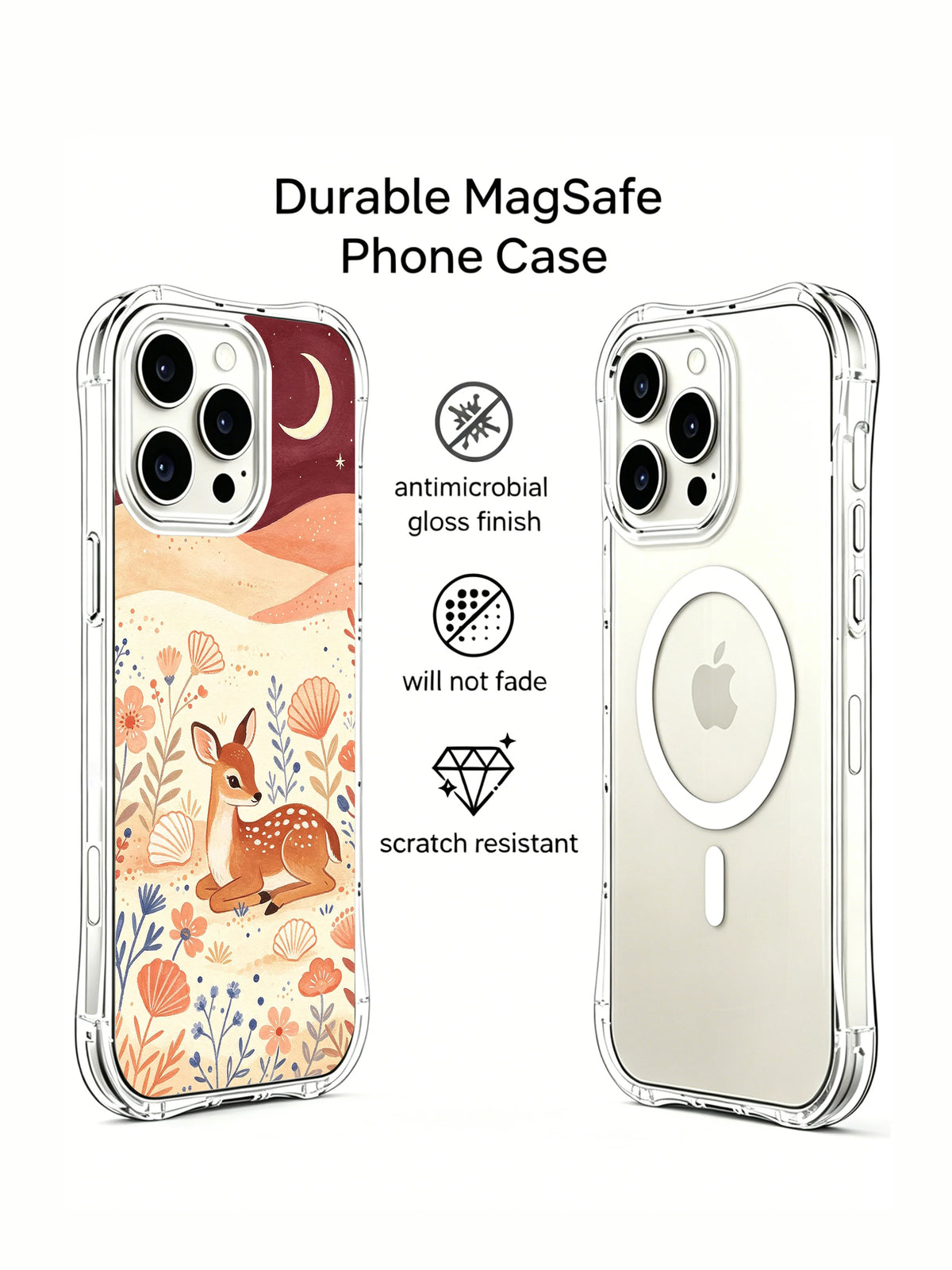 Moon Shell Fawn: Illustrated case and a second rear phone view in a promotional layout.