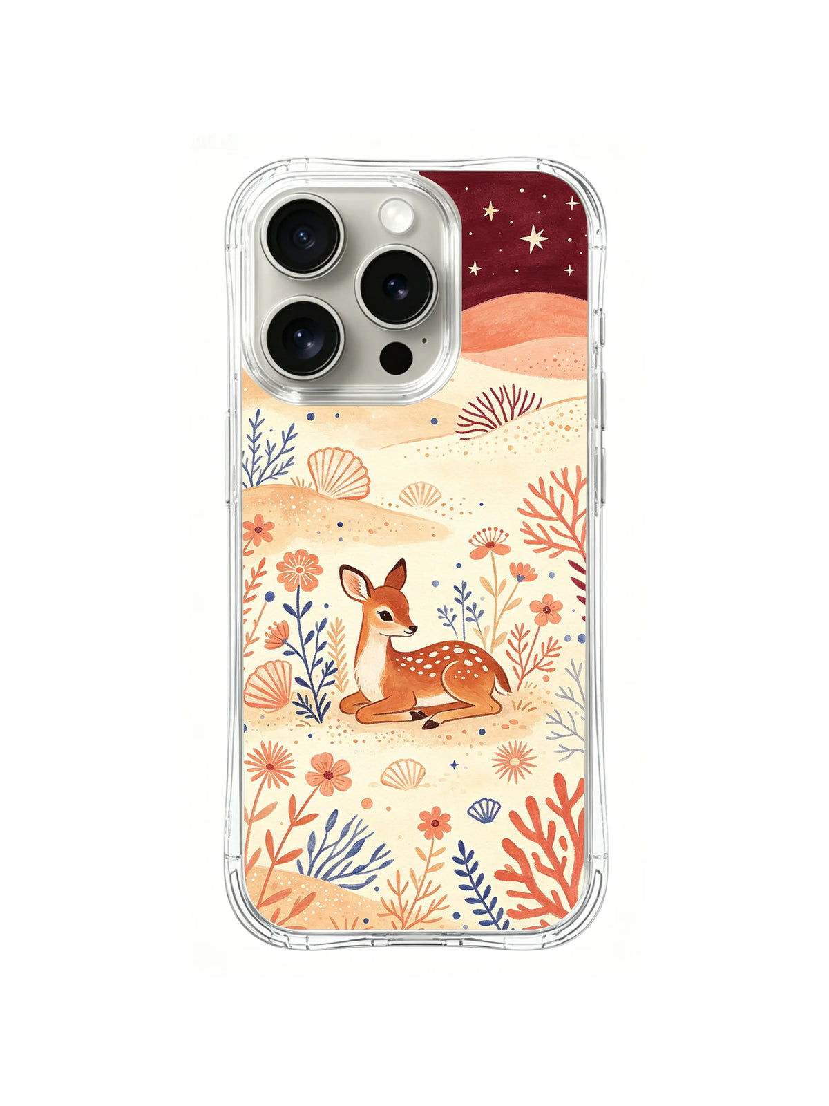 Moon Shell Fawn / Seaside Fawn Garden: A fawn in an open sandy garden of orange shells and blue-red branches beneath distant peach dunes.