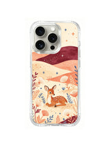 Moon Shell Fawn / Wine Moon Meadow: A small resting fawn under a burgundy ridge, surrounded by shells, coral-like stems and little stars.