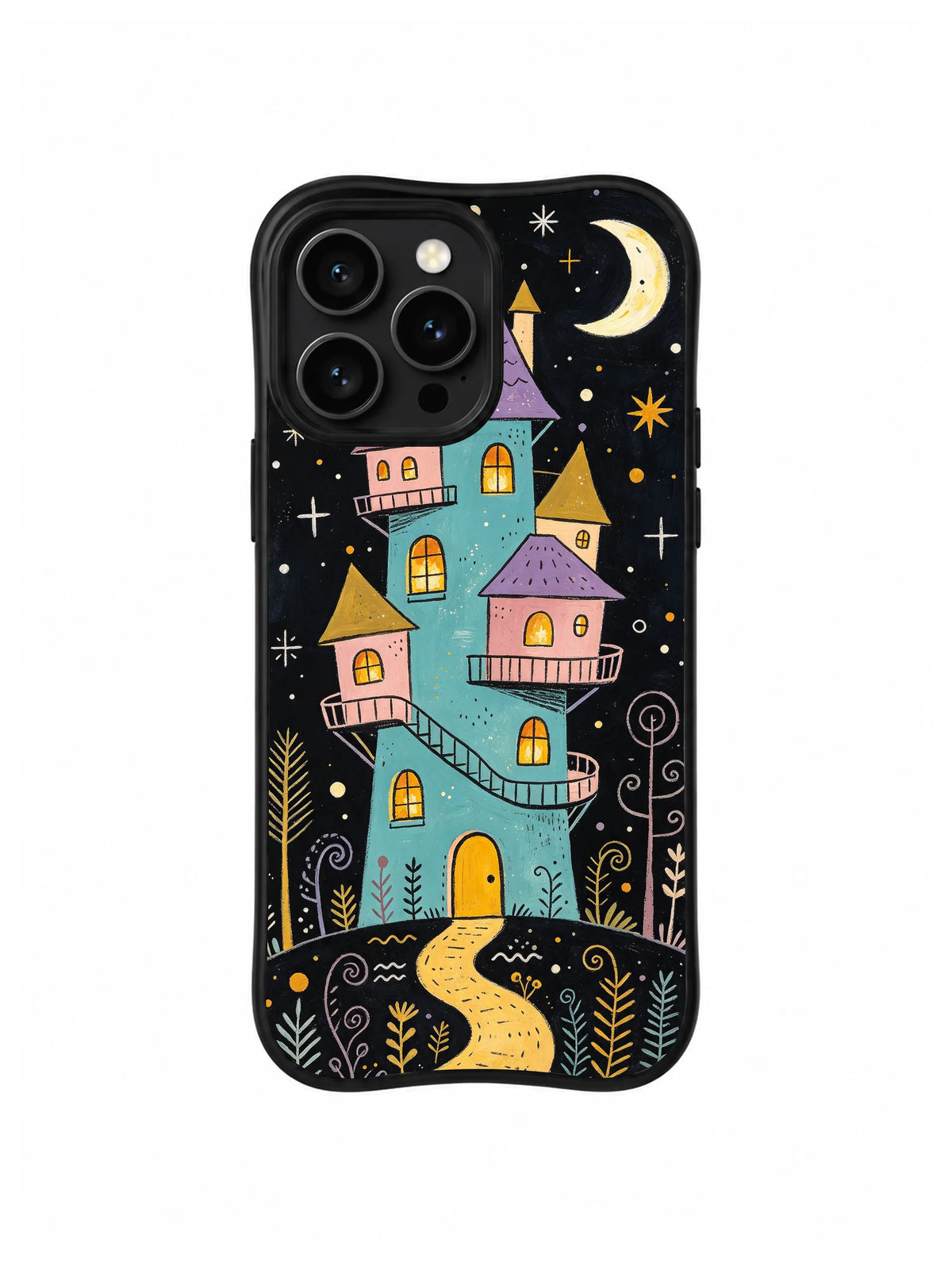 Moonkeeper’s Crooked Tower / Crescent Dream Observatory: A narrow turquoise castle with a curled lavender roof and projecting pink balconies under a pale crescent.