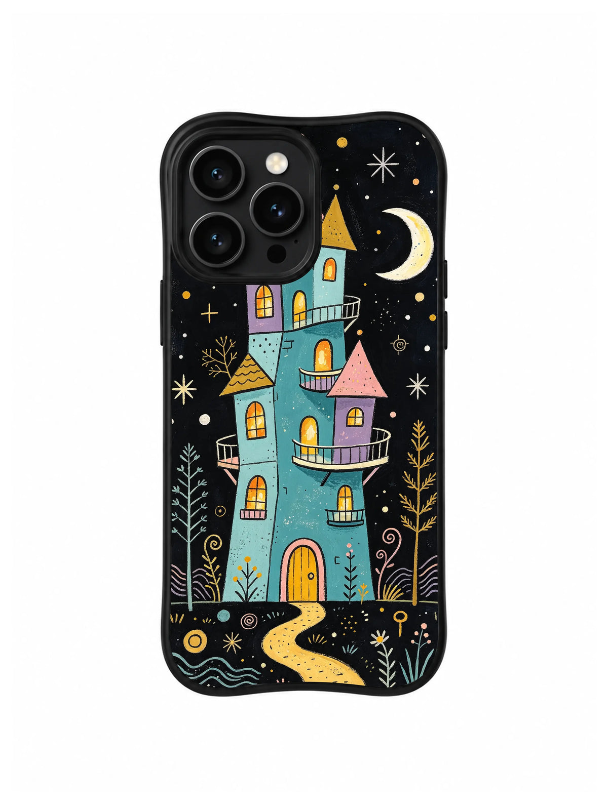 Moonkeeper’s Crooked Tower / Golden Door Moon Castle: A slender turquoise castle with alternating small turrets and a tall gold doorway beneath a large pale crescent.