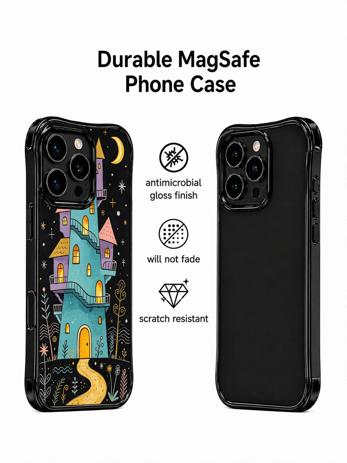 Moonkeeper’s Crooked Tower: Illustrated case and a second rear phone view in a promotional layout.