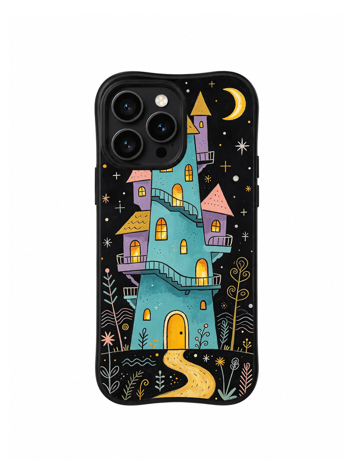 Moonkeeper’s Crooked Tower: A turquoise tower with stepped balconies, pink and lavender turrets, yellow windows and a gold path beneath a crescent.