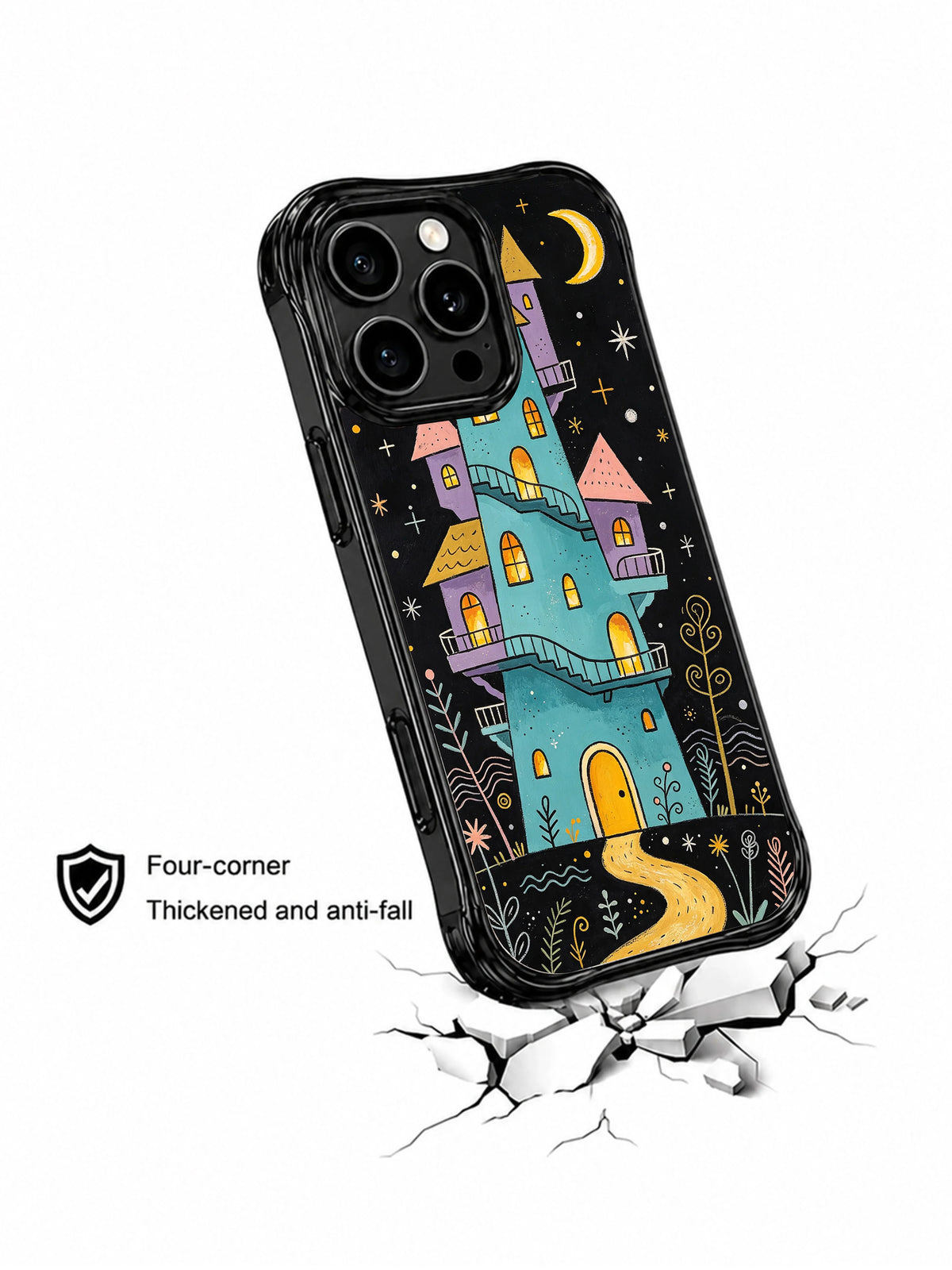 Moonkeeper’s Crooked Tower: Angled case above a cracked-surface graphic.