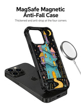 Moonkeeper’s Crooked Tower: Illustrated case shown separately above a phone, beside a circular charging puck.