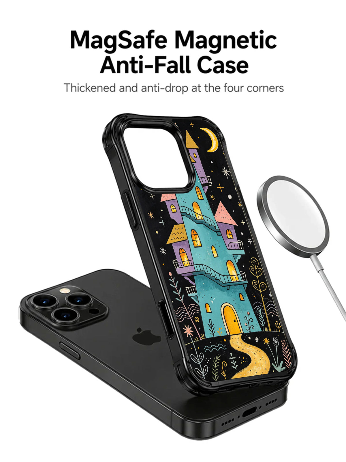 Moonkeeper’s Crooked Tower: Illustrated case shown separately above a phone, beside a circular charging puck.