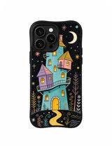 Moonkeeper’s Crooked Tower / Starlit Lavender Keep: A turquoise keep with a broad lavender balcony and tall chimney, above a winding path in a black starry sky.