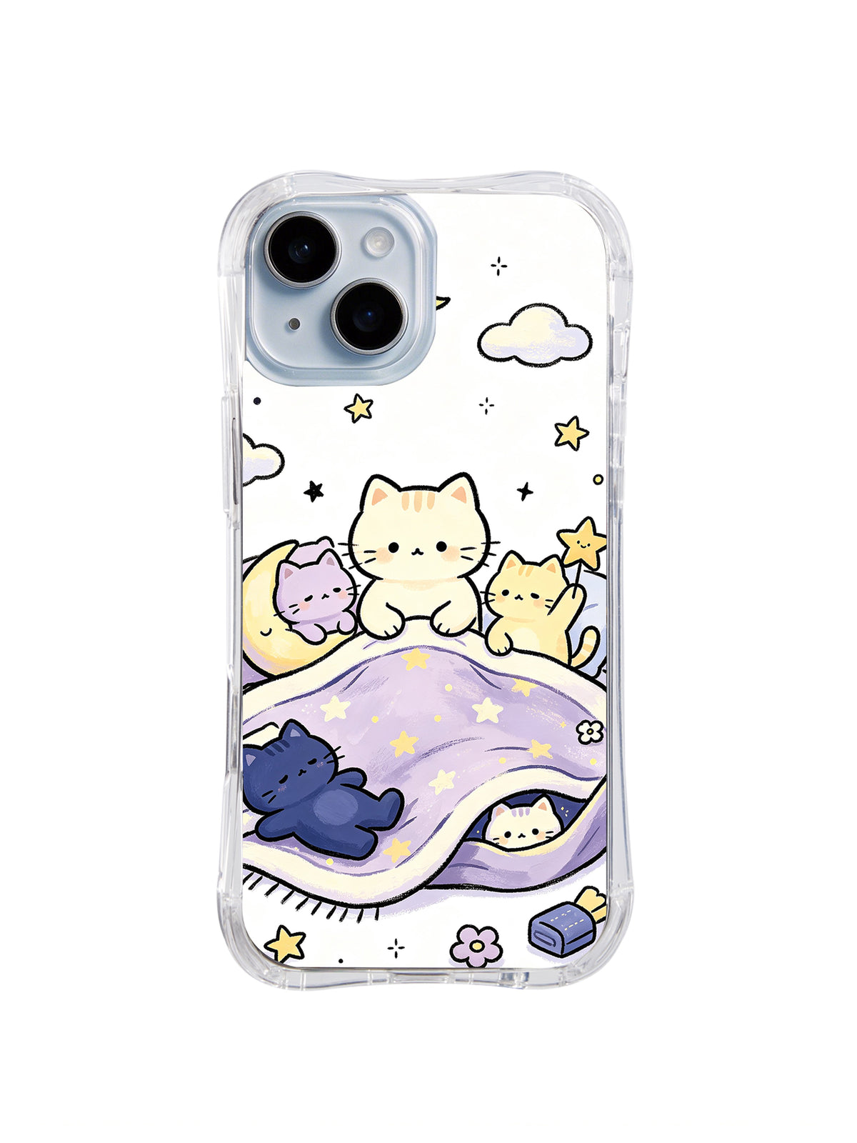 Lavender Moon Sleepover: Dört kedi bulutlar ve küçük yıldızların altında lavanta ay desenli battaniyede birlikte uyur.