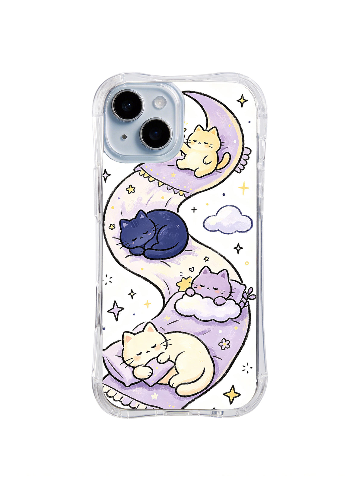 Moon Cradle Cat Dreams: Uyuyan kediler yıldızlar ve bulutlar arasında hilaller ve yuvarlak lavanta minderlerinde dinlenir.