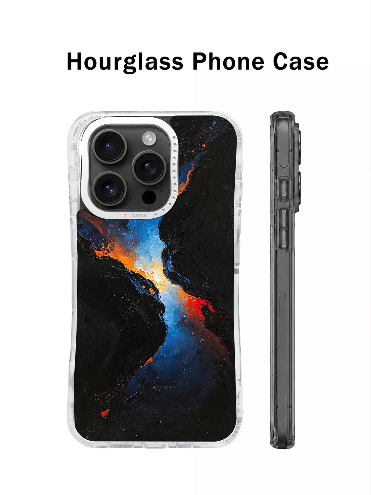 Dark blue and orange cosmic art phone case detail