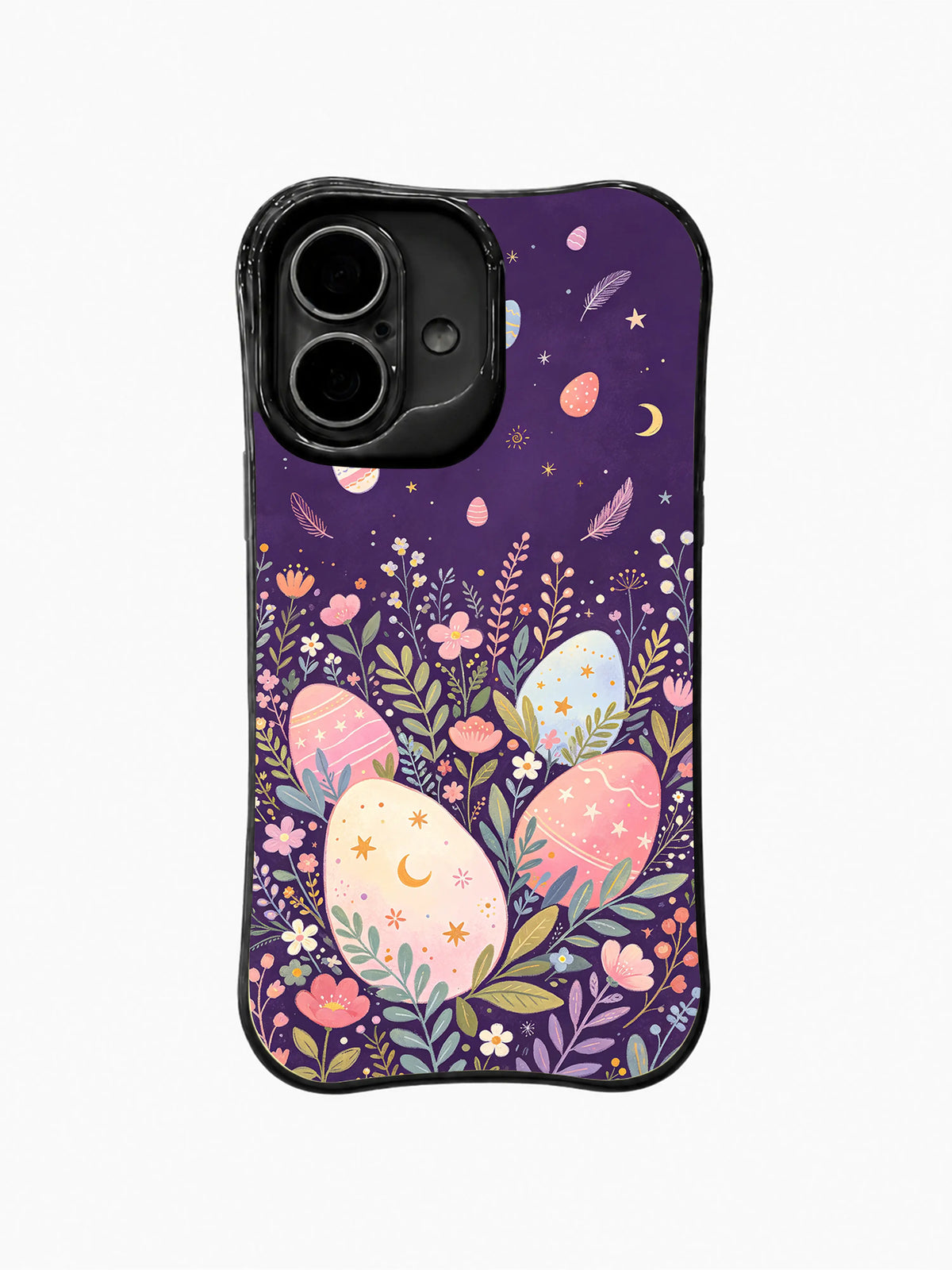 Moonlight Easter Meadow / Wildflower Moon Egg Meadow: A dense lower garden with a large cream crescent egg and tiny floating eggs, feathers and stars above.