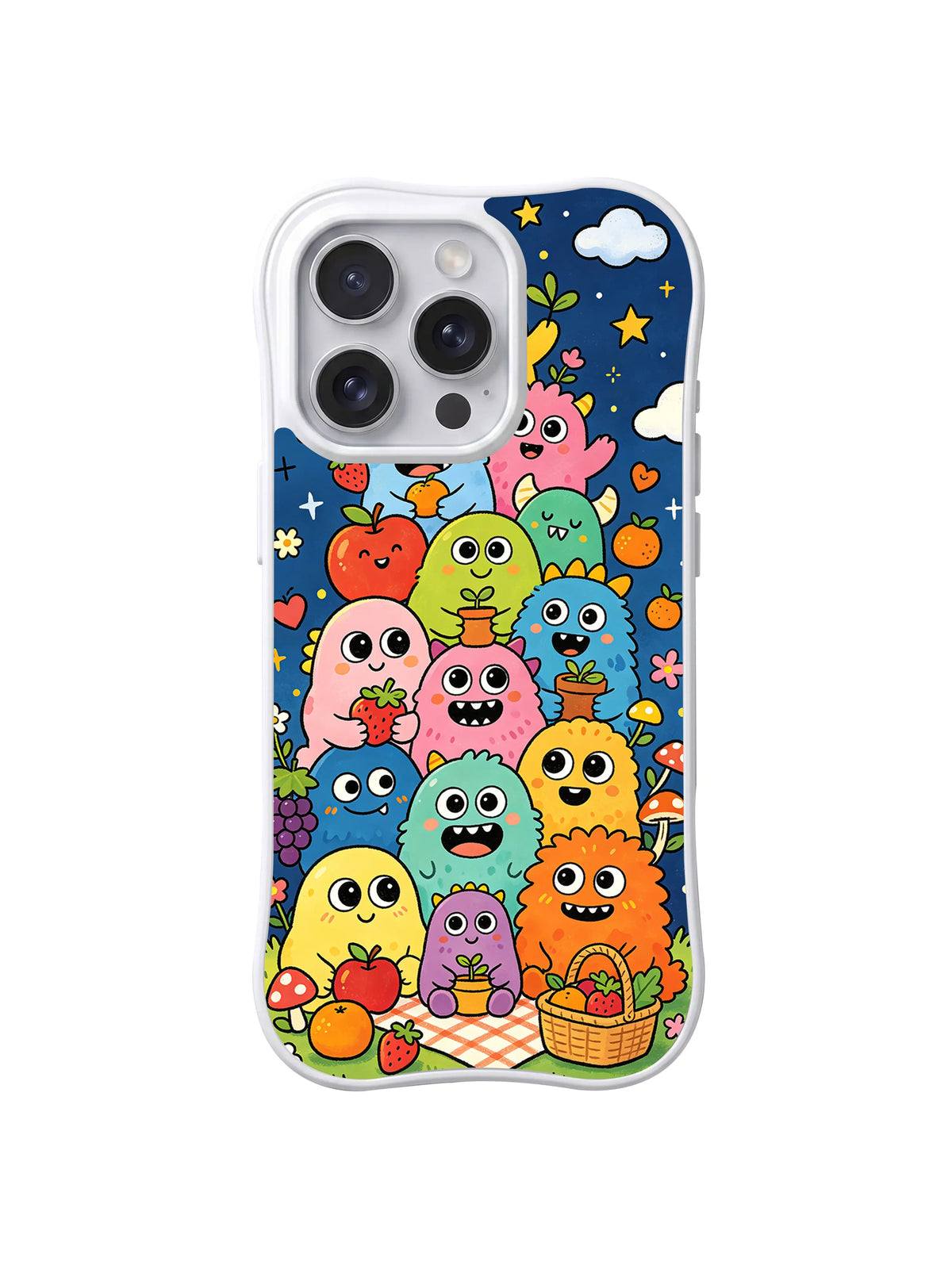 Moonlight Monster Picnic iPhone 13 Pro case in Starry Fruit Basket Friends pattern
