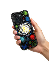 Colorful orbit art iPhone 15 Pro case held in hand
