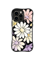 Moonbeam Daisy Chorus: Large cream, yellow, pink and lavender daisies fill a black field.