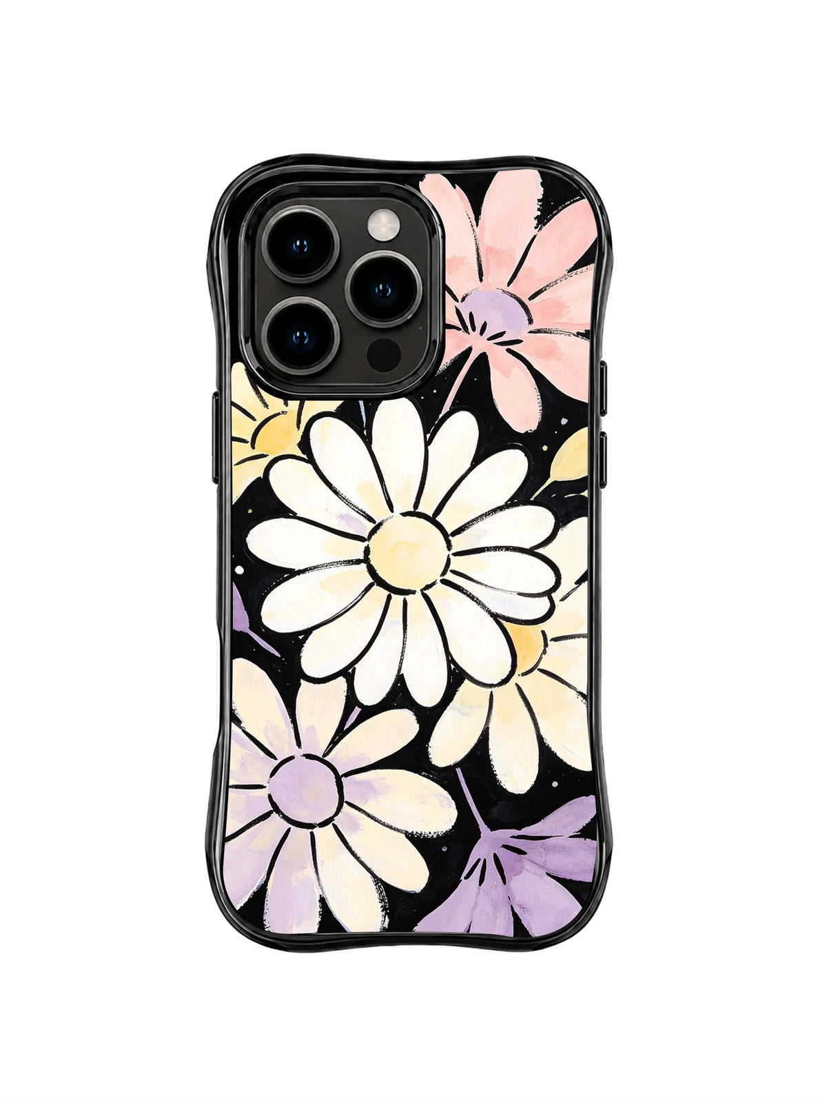 Moonbeam Daisy Chorus: Large cream, yellow, pink and lavender daisies fill a black field.
