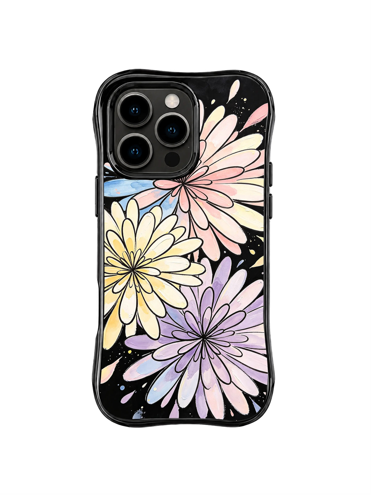 Pastel Moonflower Bouquet: Large pink, cream, yellow and lavender daisies radiate across a black field with pale blue accents.