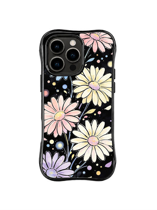 Starlit Daisy Meadow: Cream, pink, yellow and lavender daisies float among small dots and star-like marks on black.