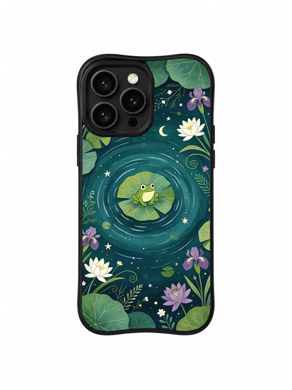 Moonlit Lily Frog: A frog rests on a lily pad beneath a crescent moon, stars and purple flowers.
