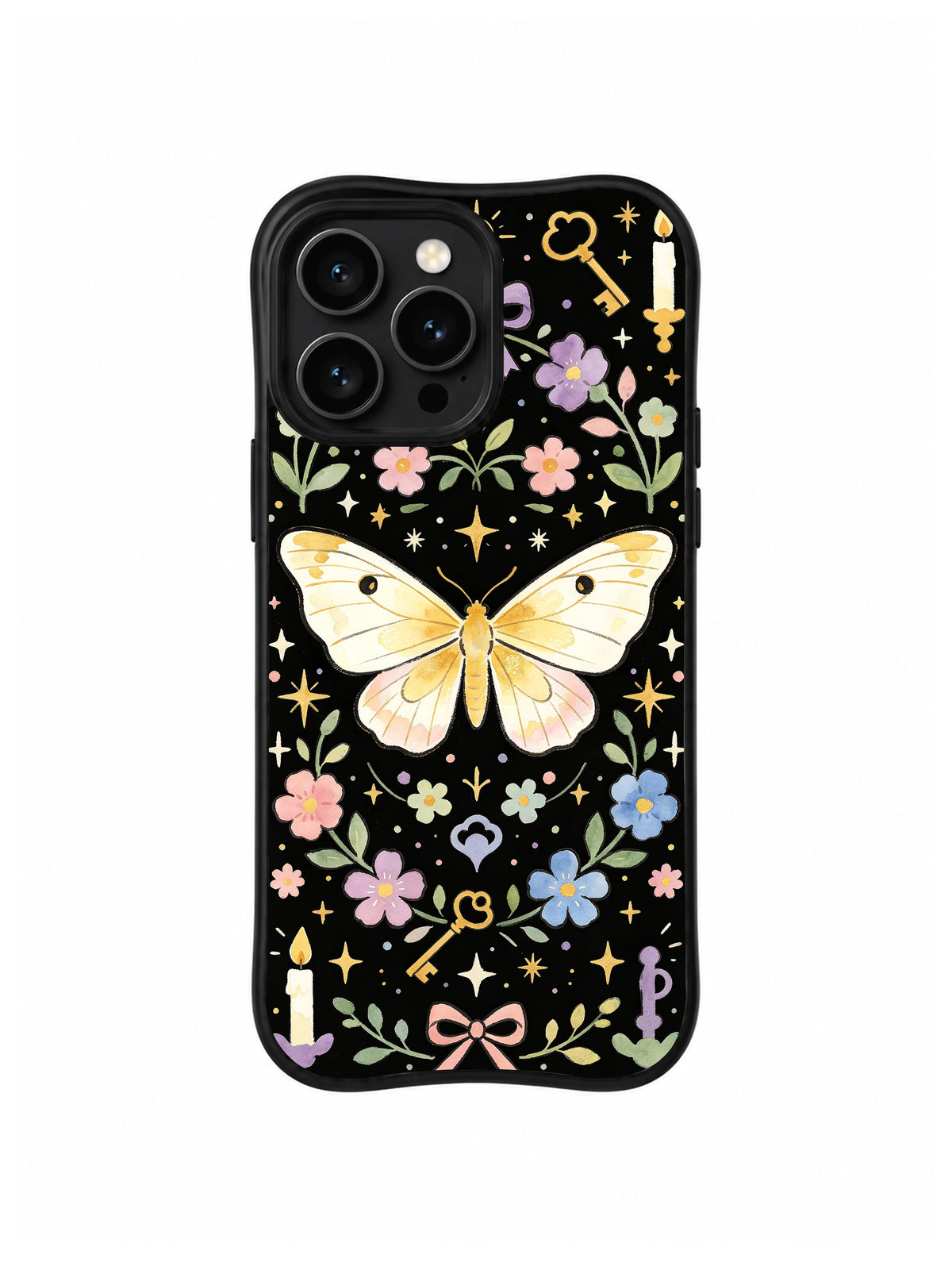 Moonlit Moth Key Garden: A pale moth rests above flowers, keys and small candles on a dark field.