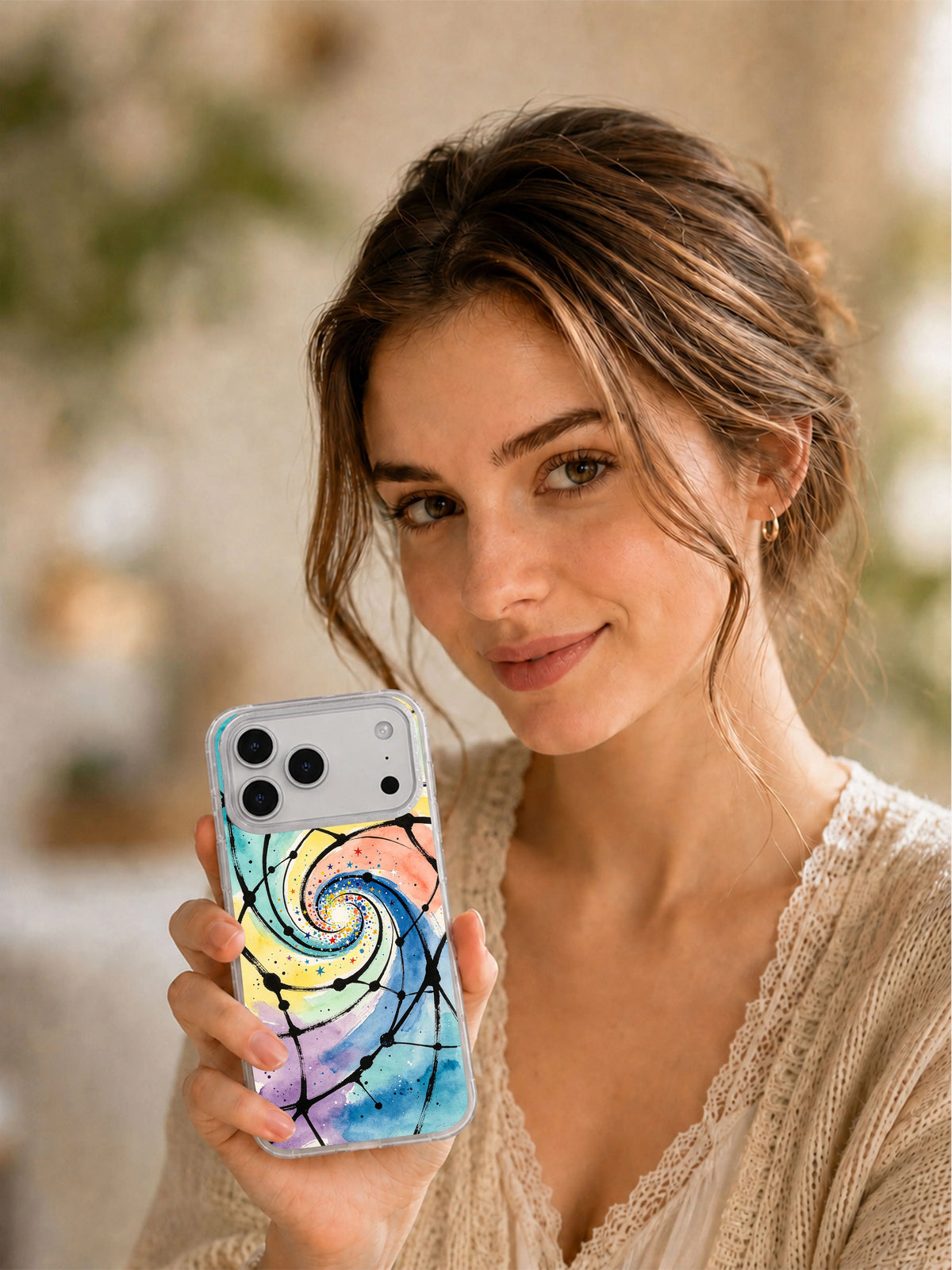 Lifestyle view of Moonlit Orbit pastel cosmic iPhone 17 Pro Max case