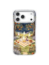 Moonlit ghost orchard iPhone case pattern with sisters and friendly ghosts beneath apple trees