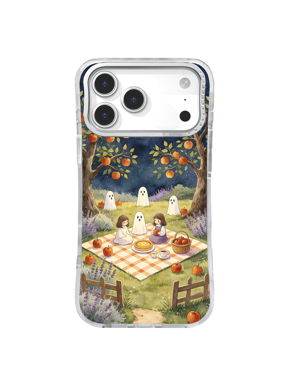 Moonlit ghost orchard iPhone case pattern with sisters and friendly ghosts beneath apple trees