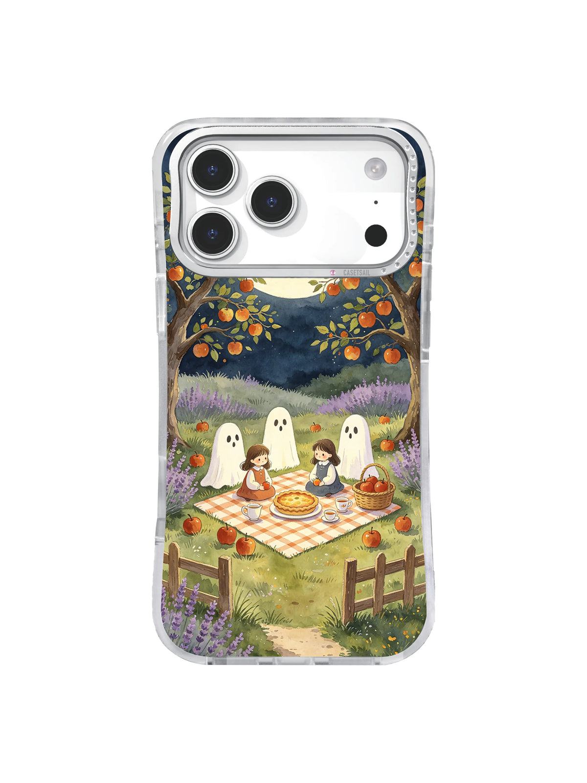 Moonlit apple tea iPhone case pattern with picnic blanket pie and friendly ghosts