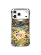 Cream moon harvest iPhone case pattern with apple trees and gentle ghosts