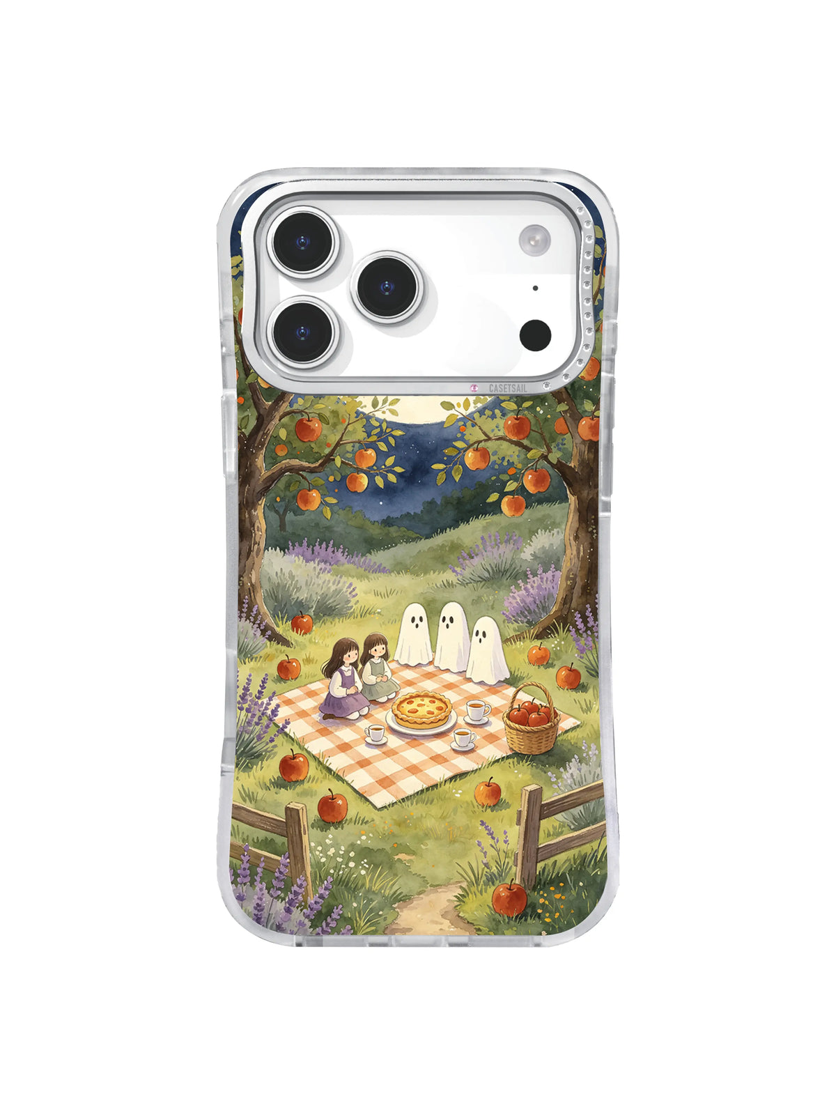 Cream moon harvest iPhone case pattern with apple trees and gentle ghosts