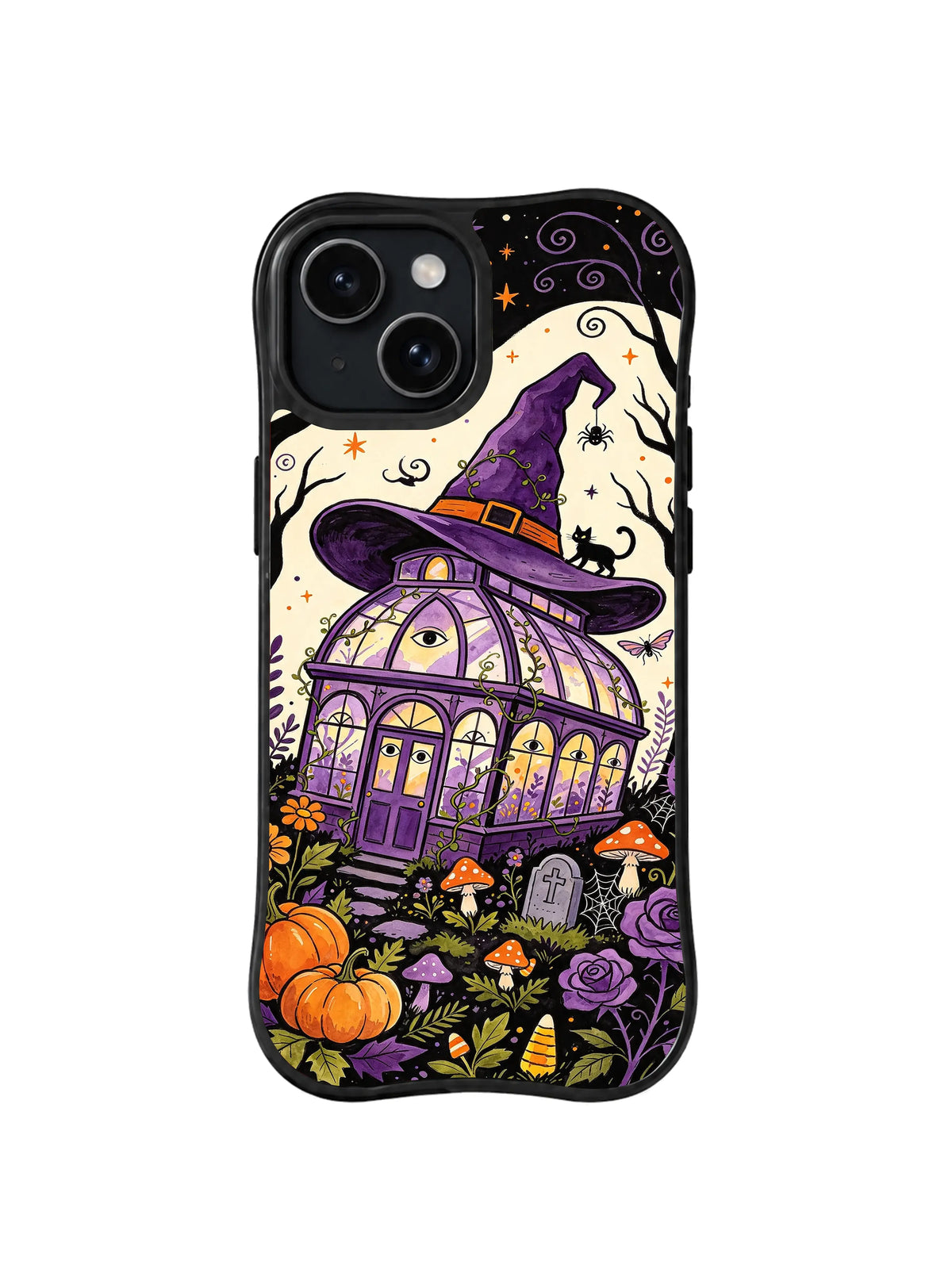 Moonlit Pumpkin Greenhouse: A crooked purple glasshouse stands among pumpkins and mushrooms beneath bats and a pale moon.