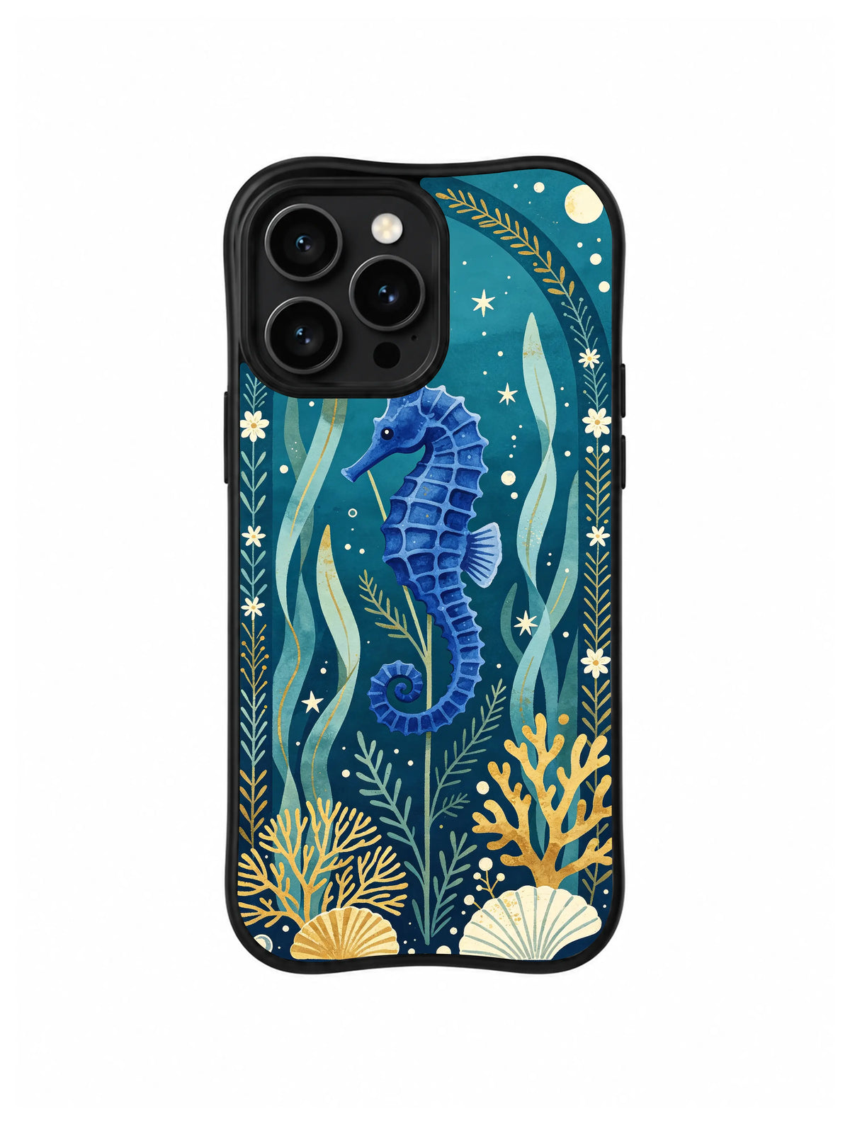 Moonlit Seagrass Seahorse: Denizatı soluk ay ve küçük yıldızların altında koyu turkuaz suda süzülür.