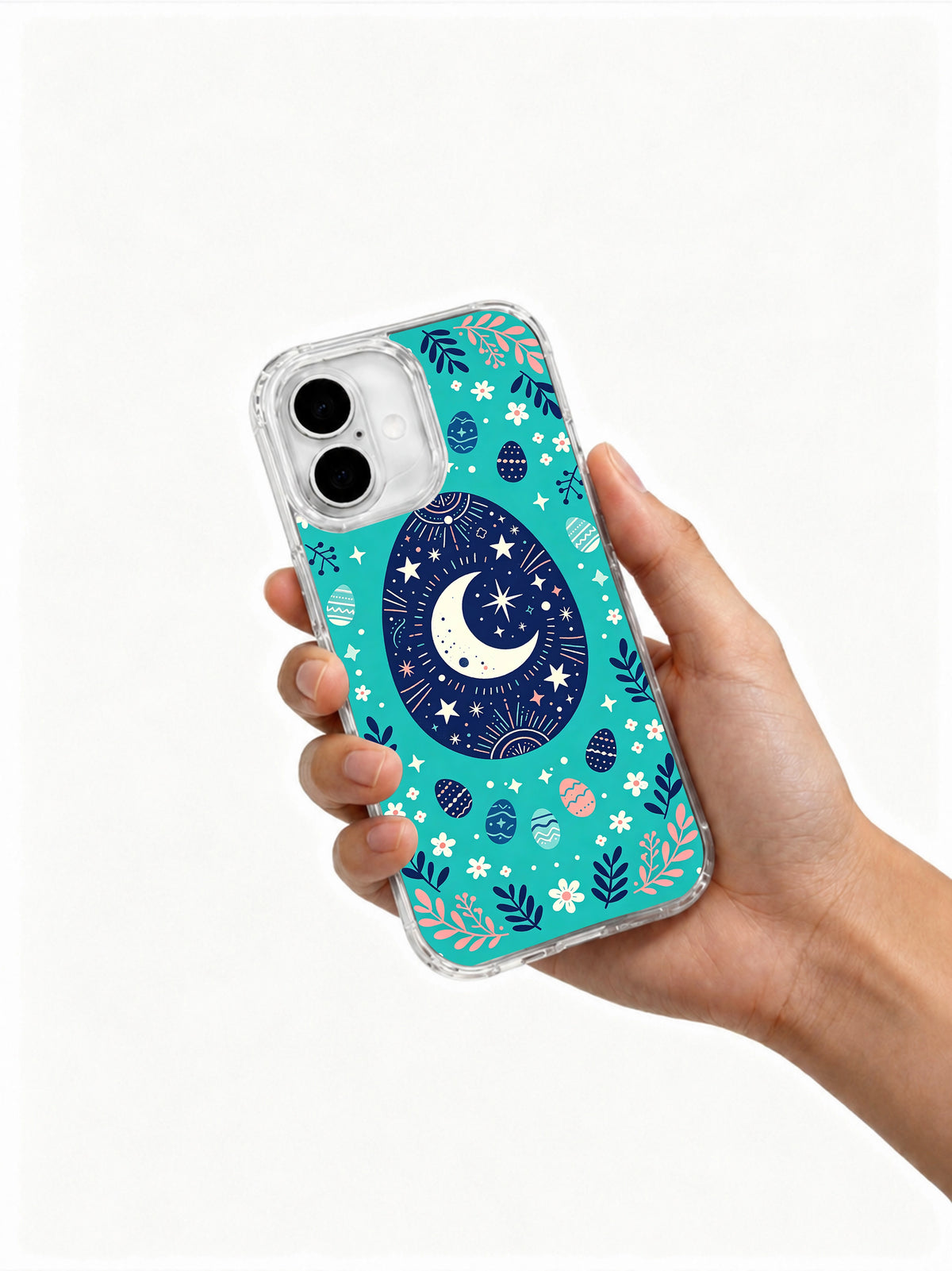 Moonlit Spring Eggs: Hand holding the case with its illustrated back facing outward.
