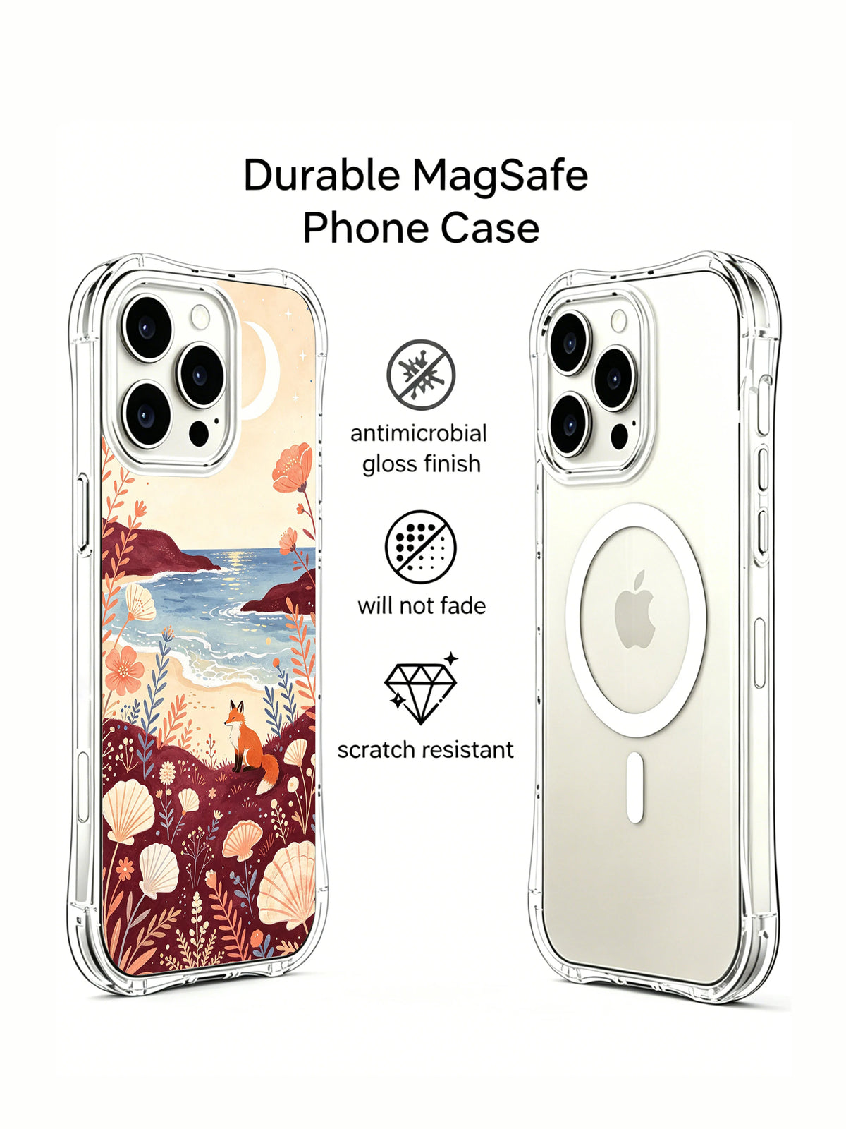 Moonlit Tide Garden: Tanıtım düzeninde desenli kılıf ve ikinci arka telefon görünümü.