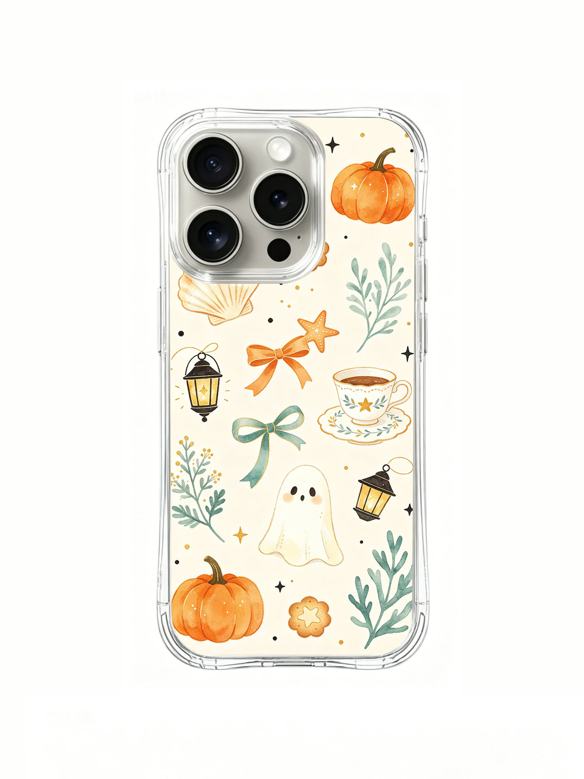 Moonlit Tide Pumpkin Bay iPhone 14 Pro case front view with pumpkins, shells and lanterns