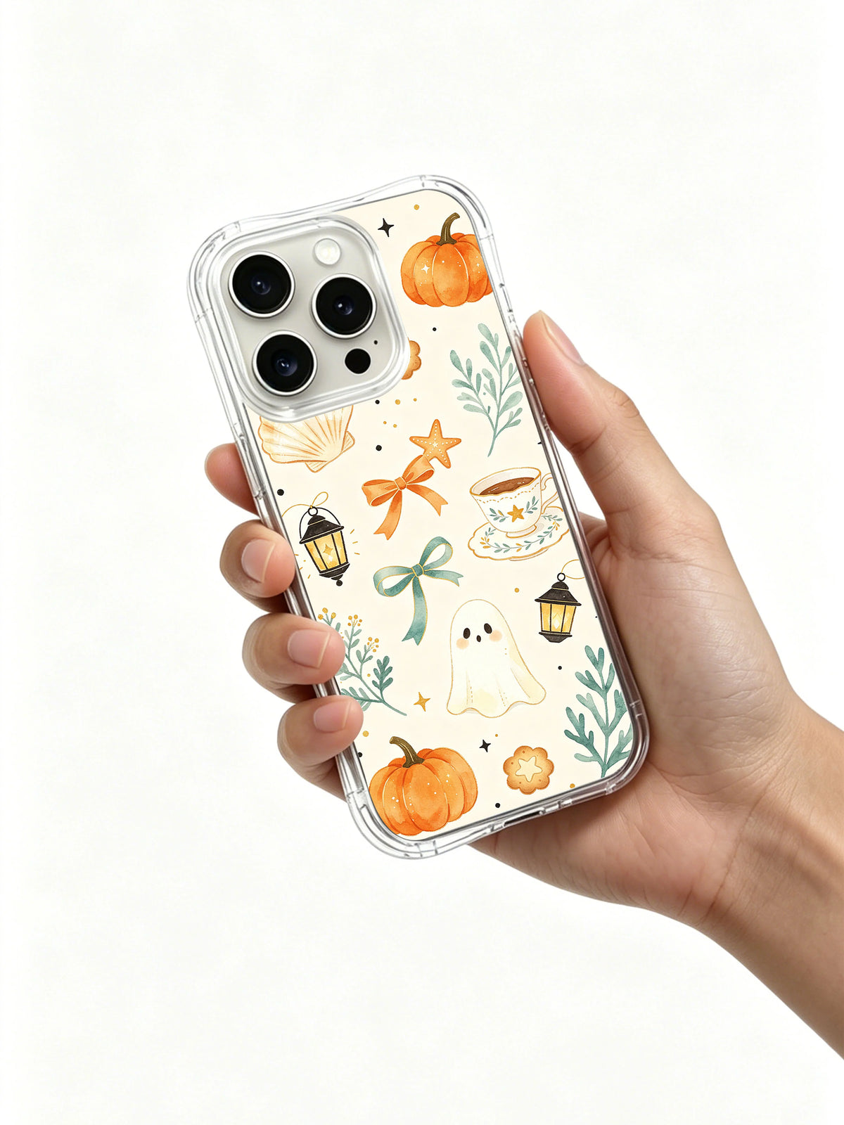 Moonlit Tide Pumpkin Bay iPhone 14 Pro case held in hand