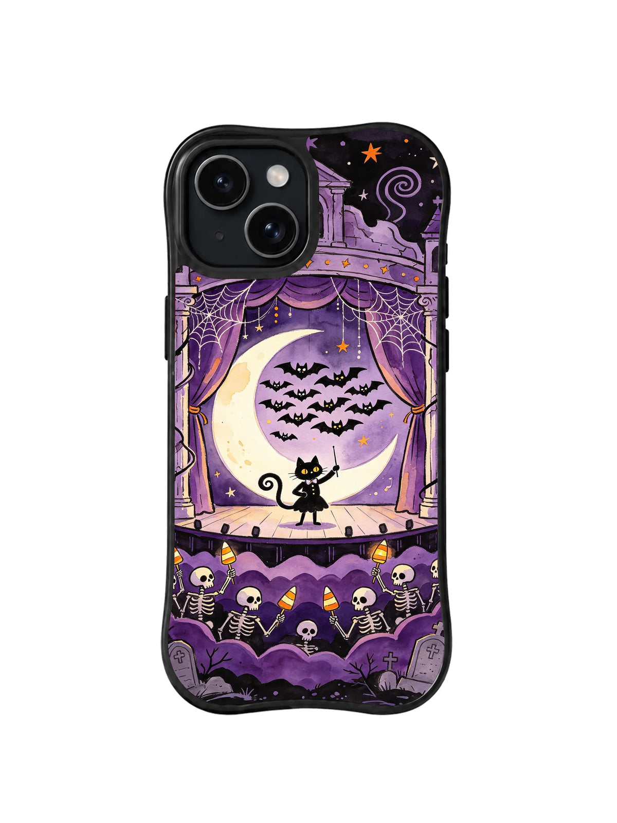 Moonstage Skeleton Audience iPhone 13 case with bat choir and candy corn lanterns
