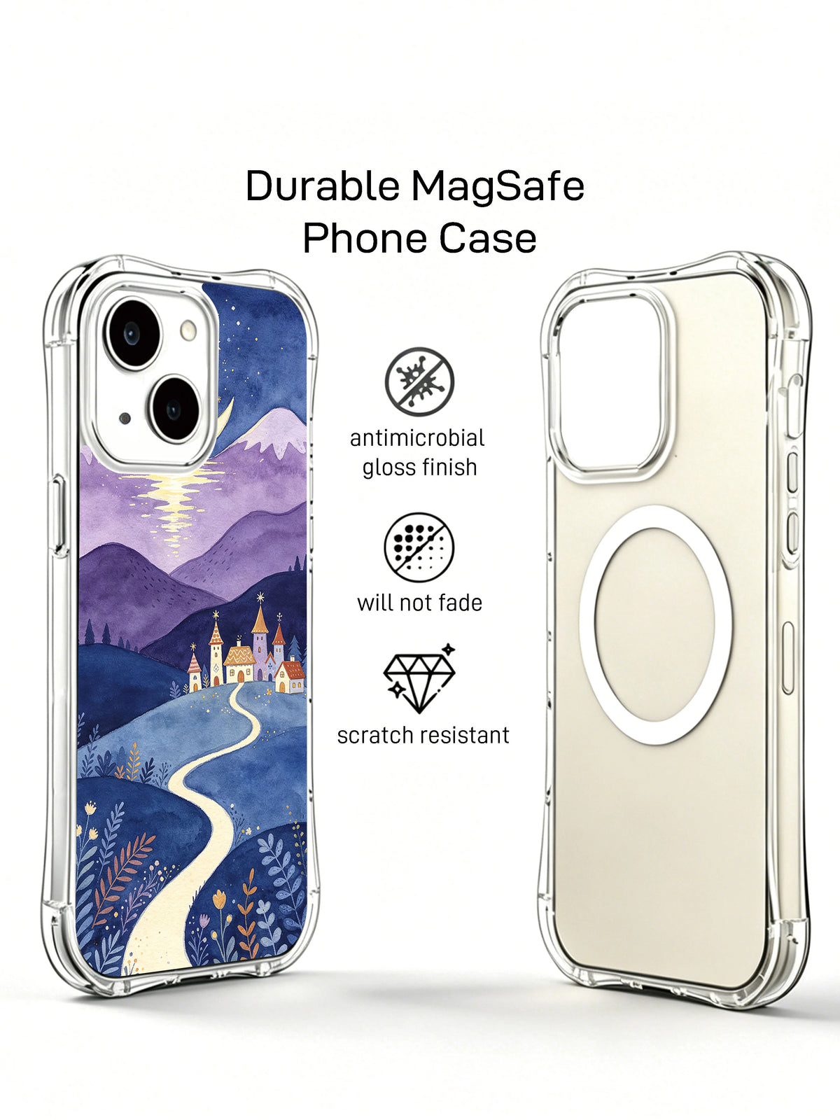 Front and back view of Moonwell Village iPhone 14 case