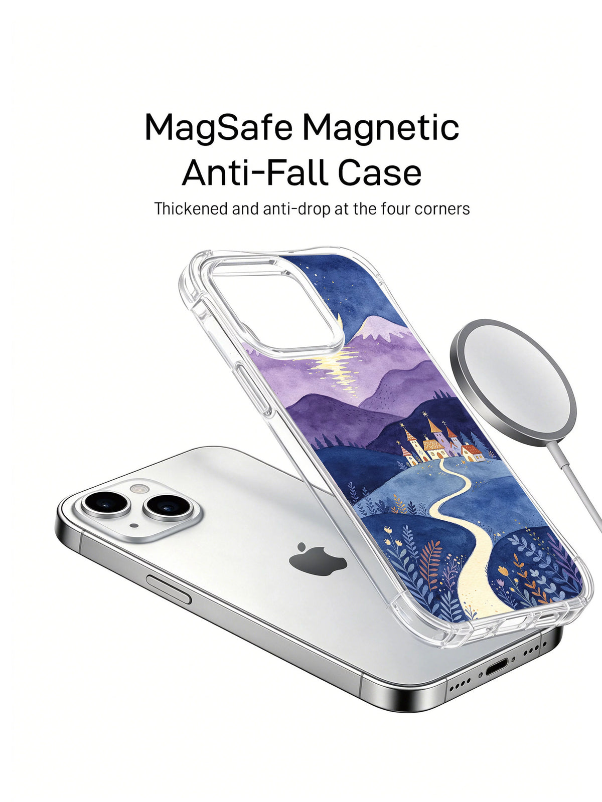 Angled view of Moonwell Village iPhone 14 case