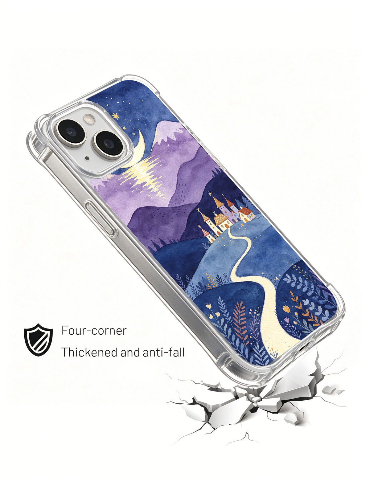Angled product presentation of Moonwell Village iPhone 14 case