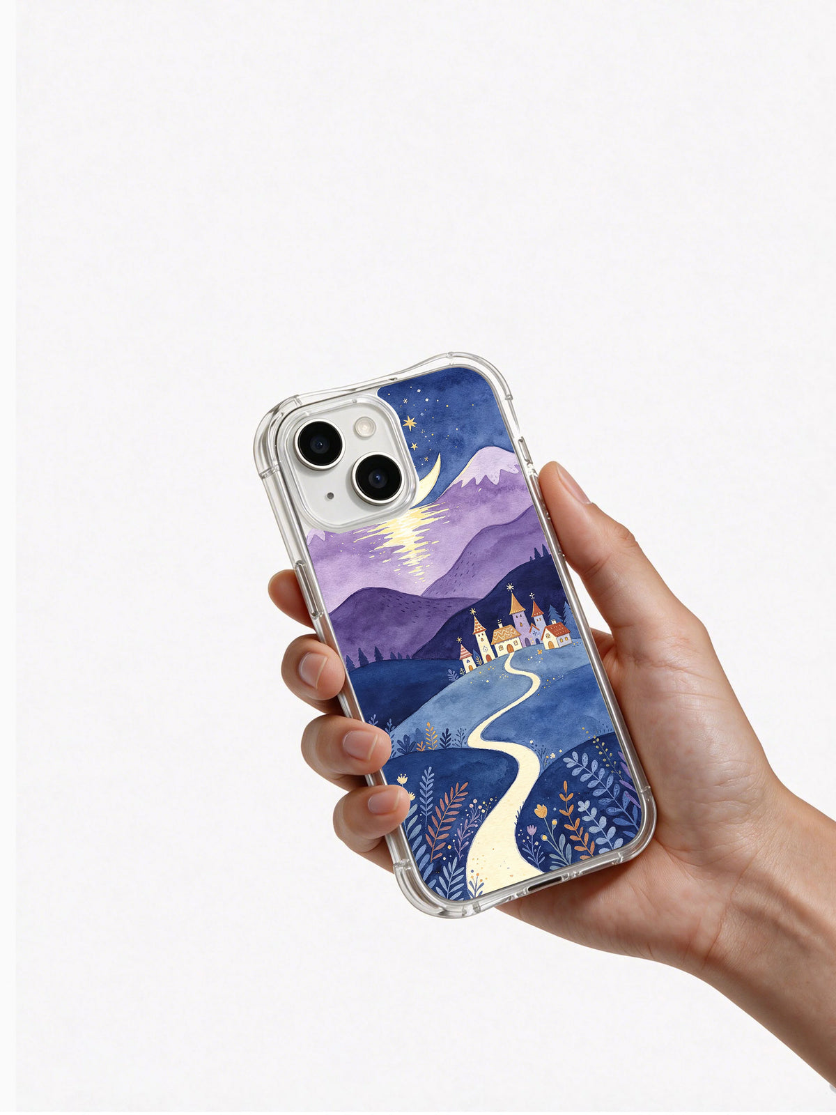 Handheld view of Moonwell Village iPhone 14 case