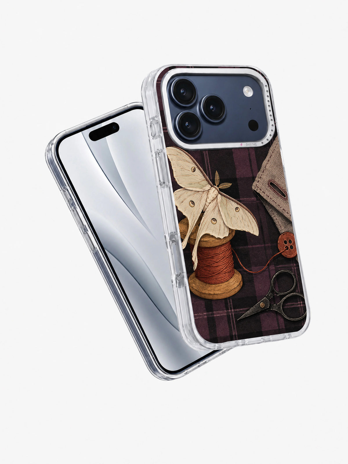 Moth at the Missing Button iPhone 17 Pro Case front and back angled view
