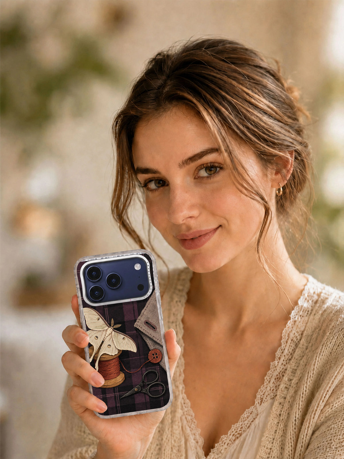 Moth at the Missing Button iPhone 17 Pro Case lifestyle view
