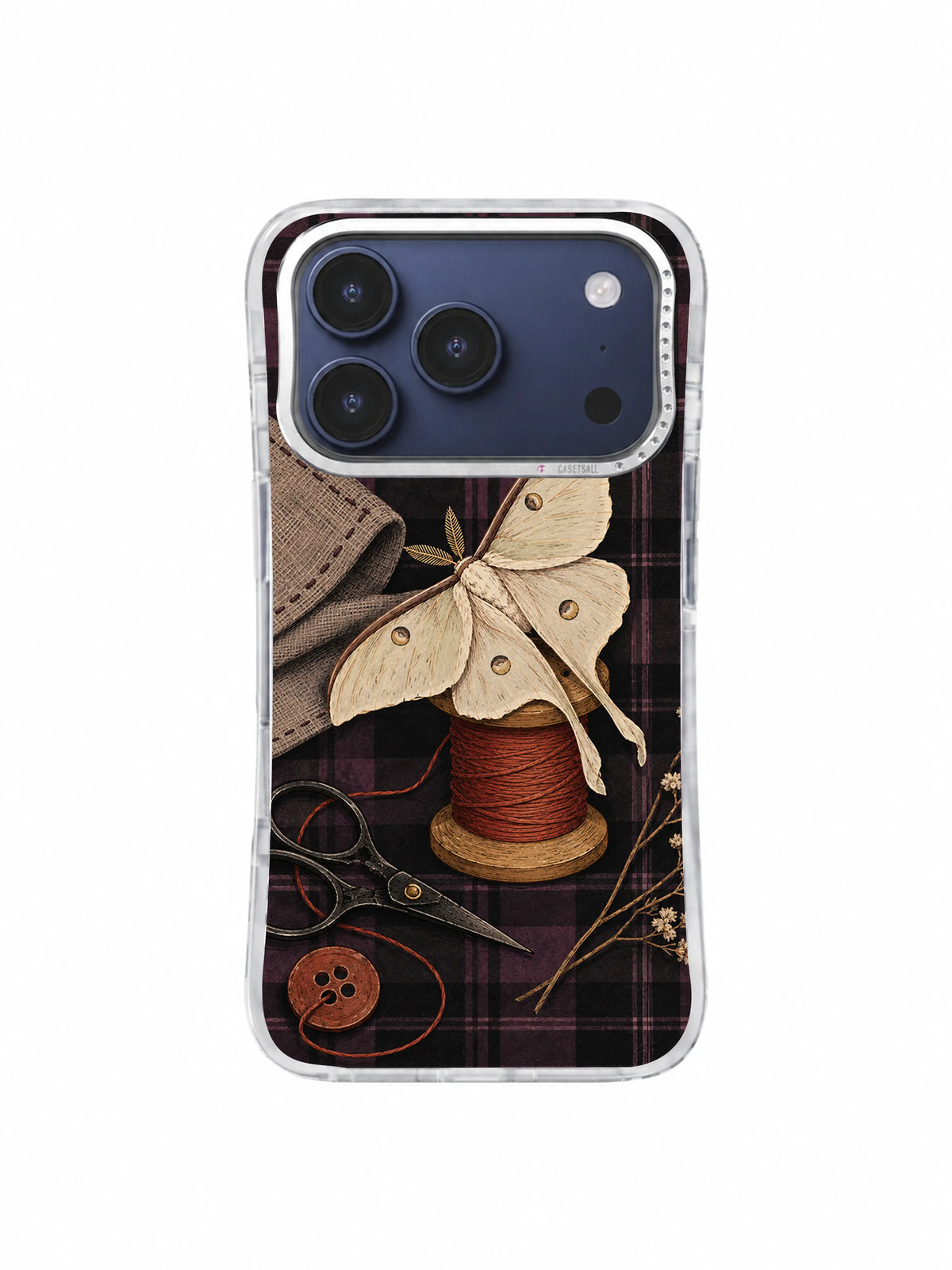 Moth at the Missing Button iPhone 17 Pro Case pattern 2 with moon moth, red thread, scissors and plaid
