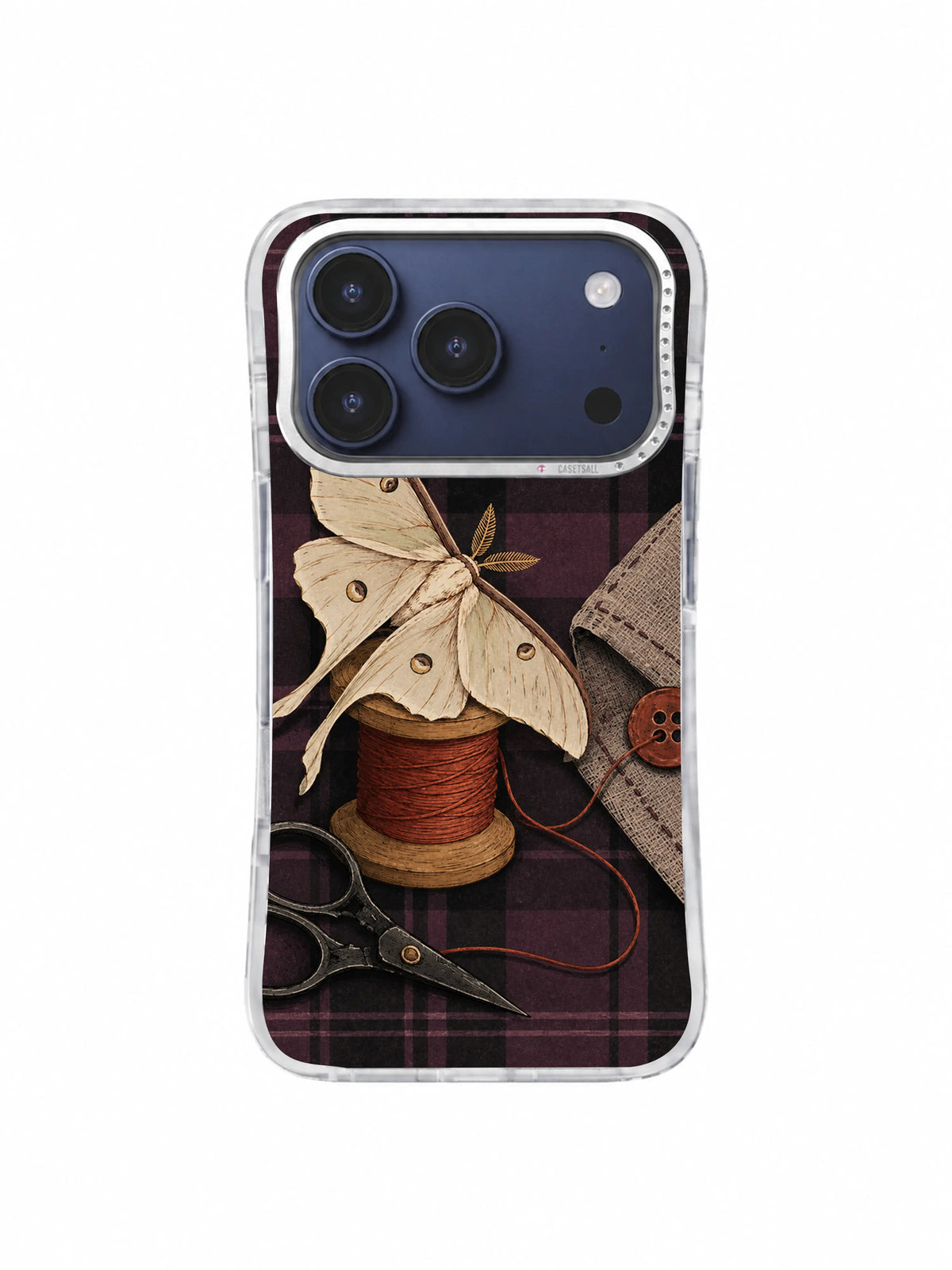 Moth at the Missing Button iPhone 17 Pro Case pattern 3 with ivory moth, sewing tools and vintage checks